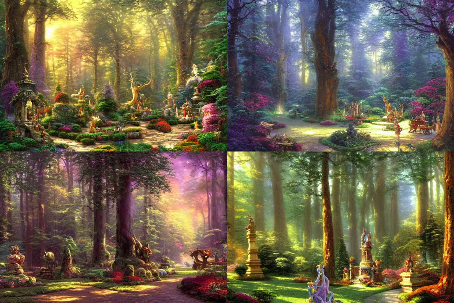 Prompt: magical forest with tall trees and statues of ancient gods | whimsical | fairy tale | thomas kinkade