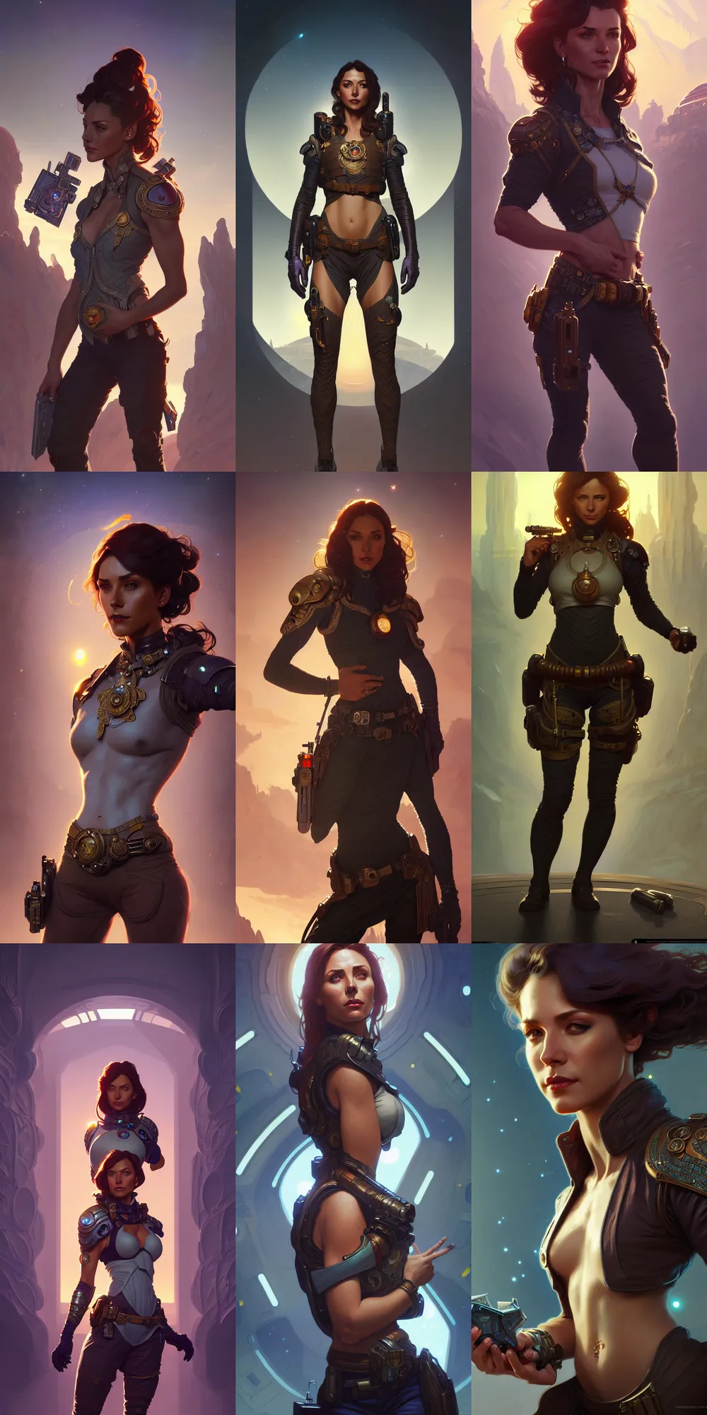 Prompt: portrait of a beautiful female detective in a spaceport, d & d, fantasy, full body, intricate, muscular, highly detailed, digital painting, artstation, concept art, smooth, sharp focus, illustration, art by simon bisley and greg rutkowski and alphonse mucha, t - pose, 8 k
