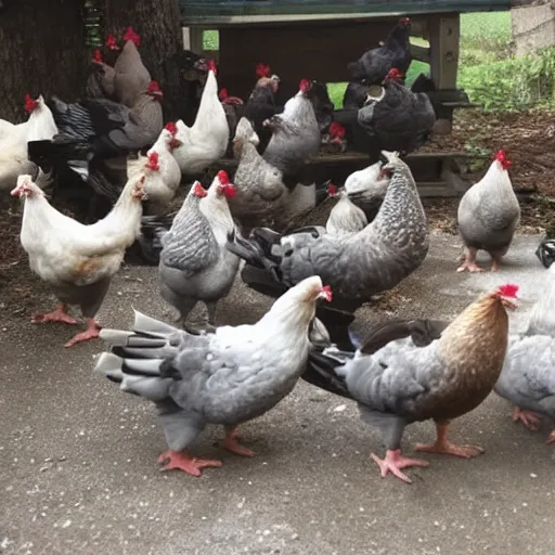 Prompt: a social gathering of gangster chickens and pigeons