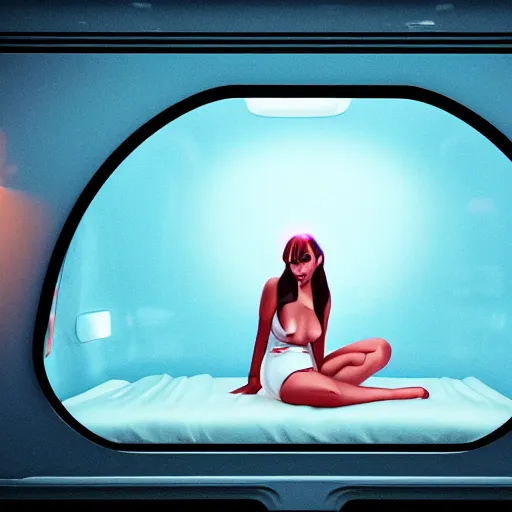 Prompt: a voluptuous woman is sitting on a bed inside a futuristic train compartment with a beautiful mystical 9 tail white cat next to her, the train compartment is dimly lit, there are neon signs and photographs on the walls of the train compartment, the robot girl is sad, there is some light coming in from the window, rim light, hyper realistic render, 5 : 4