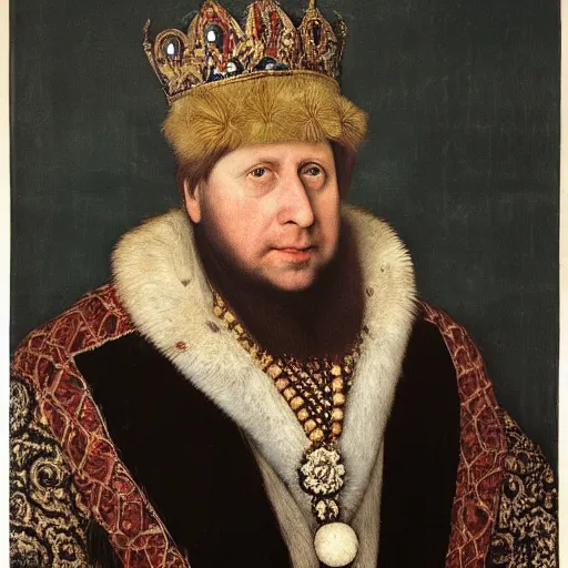 Prompt: Painting of the Ruler of the British Raj, the King Boris Johnson, painted by Hans Holbein, intricate, hyper-detailed, exhibited at the British Museum