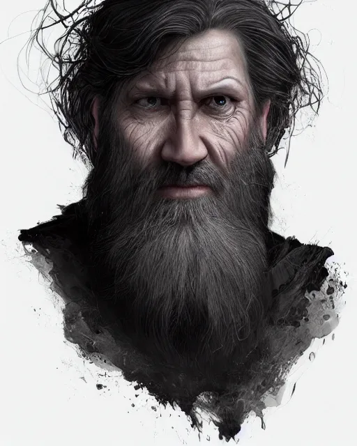 Image similar to portrait of a 6 0 - year - old giant man with long tangles of bushy black hair and beard hiding most of his face, kind eyes, wearing in black cloak, hyper realistic face, beautiful eyes, character art, art by mark brooks, hyperdetailed, cryengine, trending on artstation, digital art