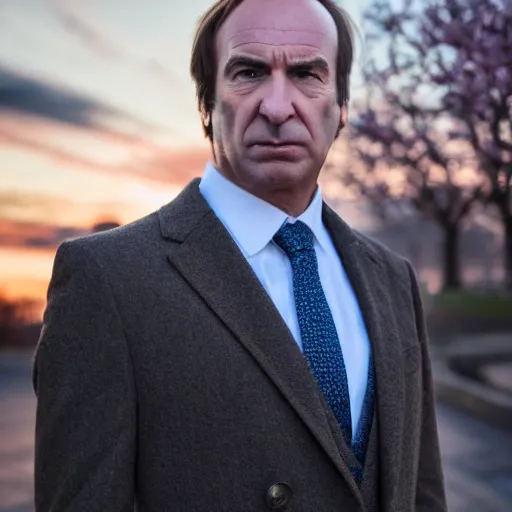 Prompt: saul goodman portrait picture by stefan kostic, golden hour, perfect symmetry, realistic, body shot, sharp focus, 8 k high definition, insanely detailed, intricate, elegant, cherry blossoms