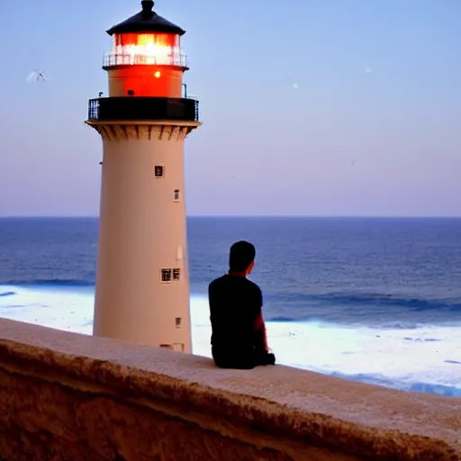 Prompt: oman sitting on wall looking at the ocean. lighthouse. stars. fireflies. winter. disney