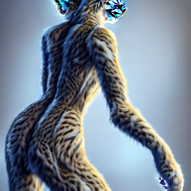 Image similar to the full body of anthropomorphic lynx fursona from behind wearing a steampunk suit as unimaginably beautiful, gorgeous, elegant, young woman with lynx head, an ultrafine hyperdetailed illustration by furaffinity, intricate linework, white fur, unreal engine 5 highly rendered, global illumination, radiant light, detailed and intricate environment