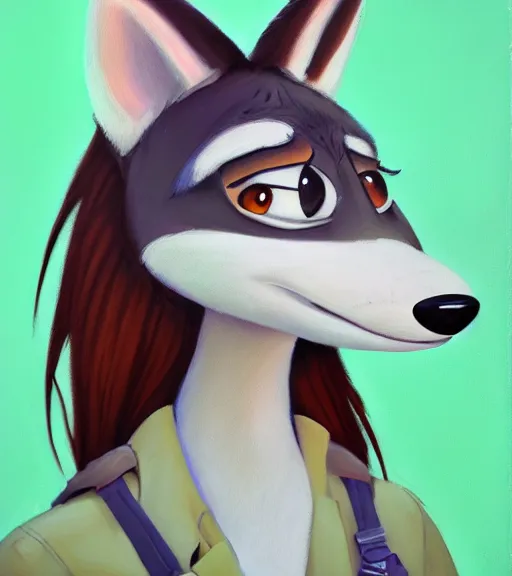Image similar to oil painting of anthromorphic female wolf, in style of zootopia, zootopia, zootopia, fursona, furry, furaffinity, 4 k, deviantart, furry art, fursona art, wearing black business suit, business suit, in style of zootopia, wolf fursona, cyberpunk, female, expressive detailed feminine face,
