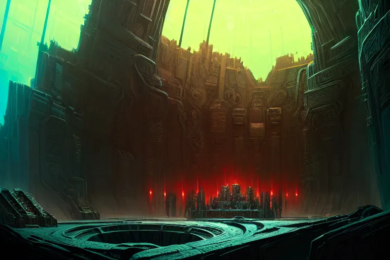 Prompt: dark throne room, detailed illustration, hd, 4 k, digital art, high detailed art, chronicles of riddick concept art, by greg rutkowski, by moebius, by anton fadeev, complementary colors, trending on artstation, deviantart