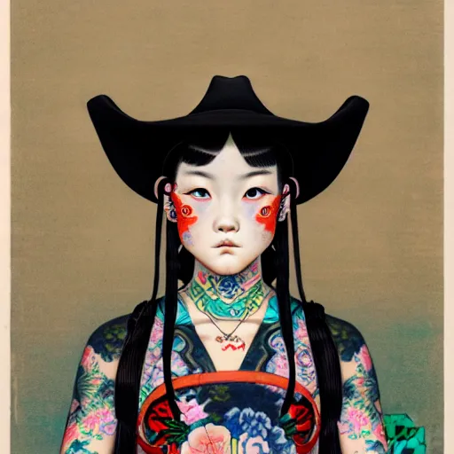 Image similar to full view of a girl from the qing dynasty with tattoos, wearing an american cowboy hat from the old west, style of yoshii chie and hikari shimoda and martine johanna, highly detailed