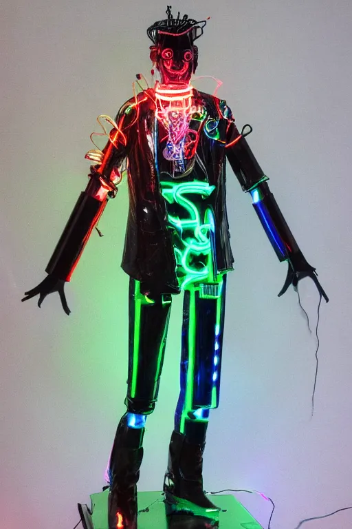 Prompt: full-body neon porcelain bladerunner style sculpture of a young handsome Italian prince as a high-fashion half-robot with a porcelain chest opening exposing a battery leaking radioactive liquid and electric sparks, glowing red laser beam eyes, crown of giant sapphires, flowing neon-colored silk, luminescent fabrics, mechanical raptors. baroque and steampunk elements. full-length view. baroque element. intricate artwork by caravaggio. Very very very very highly detailed epic photo of face. Trending on artstation, octane render, cinematic lighting from the right, hyper realism, octane render, 8k, depth of field, 3D