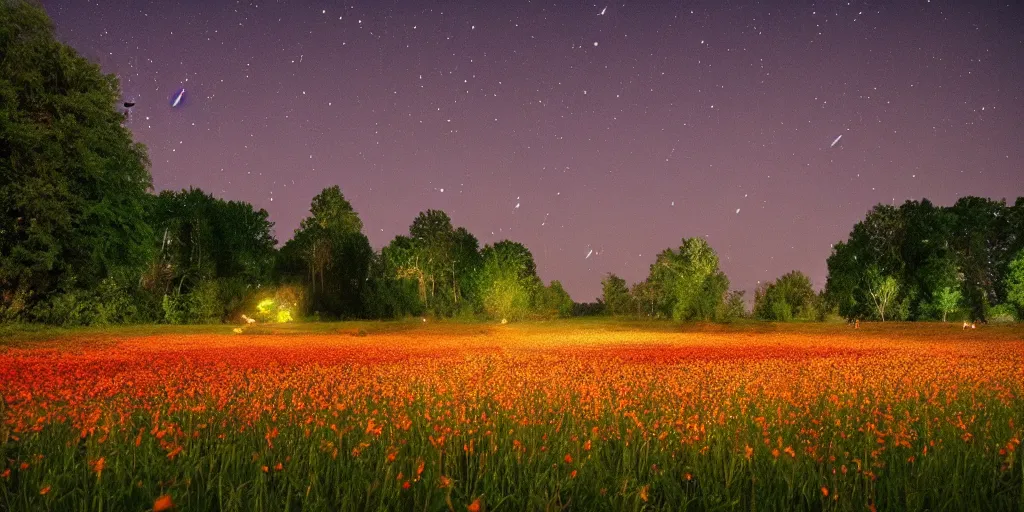 Image similar to a beautiful field of various flowers and fireflies, night, landscape, cozy
