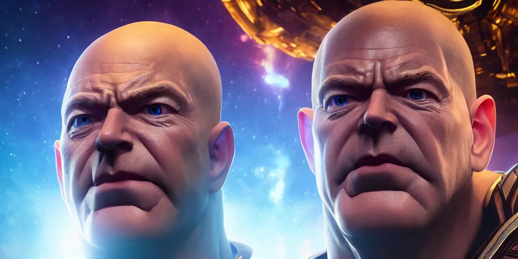 Prompt: jeff bezos as thanos, cinematic lighting, trending on artstation, 4k, hyperrealistic, focused, extreme details, unreal engine 5, cinematic, masterpiece