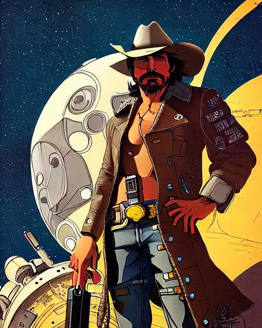 Image similar to mccree from overwatch, space cowboy, character portrait, portrait, close up, concept art, intricate details, highly detailed, vintage sci - fi poster, retro future, in the style of chris foss, rodger dean, moebius, michael whelan, and gustave dore