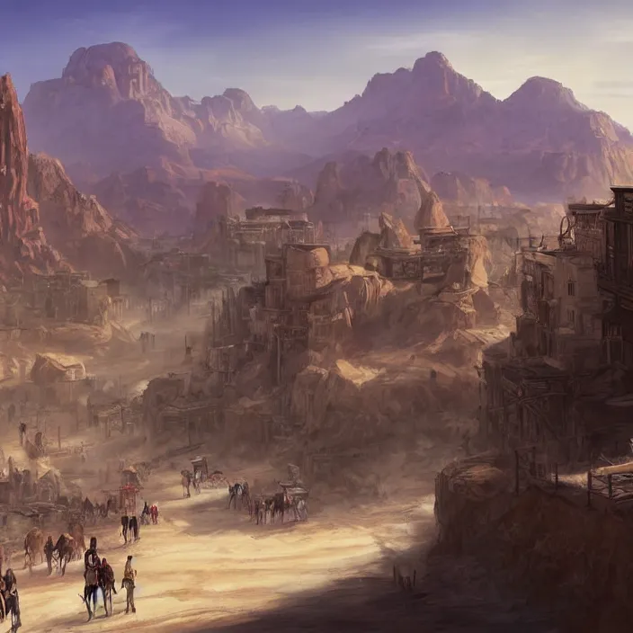 Image similar to old western style city bustling with people in the middle of a sandy flat desert with a single mountain on the very distant horizon. magic the gathering art, digital media