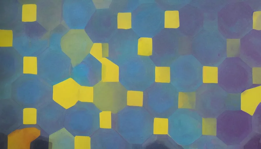 Image similar to hexagon shields, floating in space, blocking the sun, art deco painting