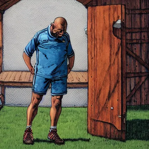 Image similar to a man on his knees crying, a soccer goal behind him, a soccer ball by his side. Epic portrait by james gurney and mœbius.