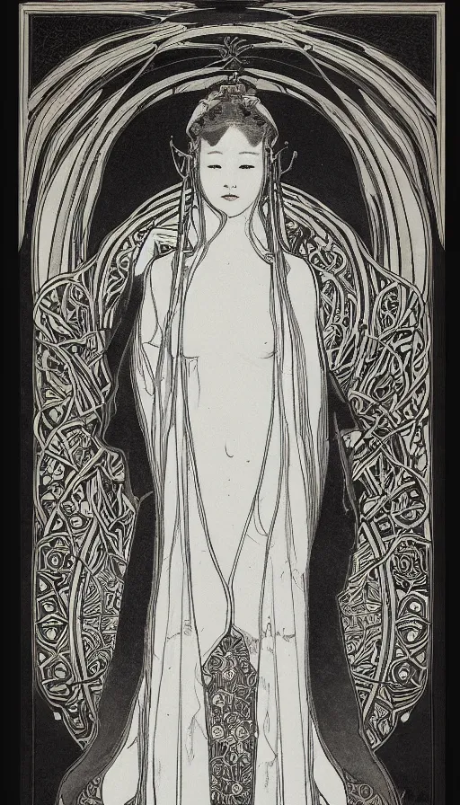 Image similar to yoon young bae as the high priestess, by mucha, black and white oil painting
