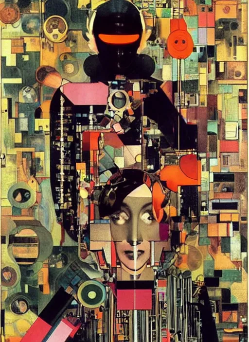 Prompt: cute punk goth fashion fractal mecha blonde girl wearing a television tube helmet and kimono made of circuits and leds, surreal Dada collage by Mimmo Rotella Man Ray Kurt Schwitters Hannah Höch Alphonse Mucha Beeple