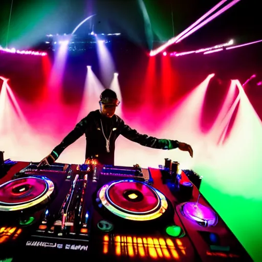 Image similar to DJ Bhumibol spinning turntables during edm concert, photo, close-up, high quality