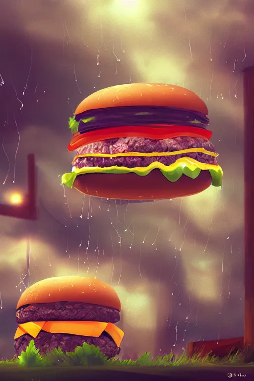 Prompt: hamburgers raining from the sky, digital art, artstation trending, digital painting