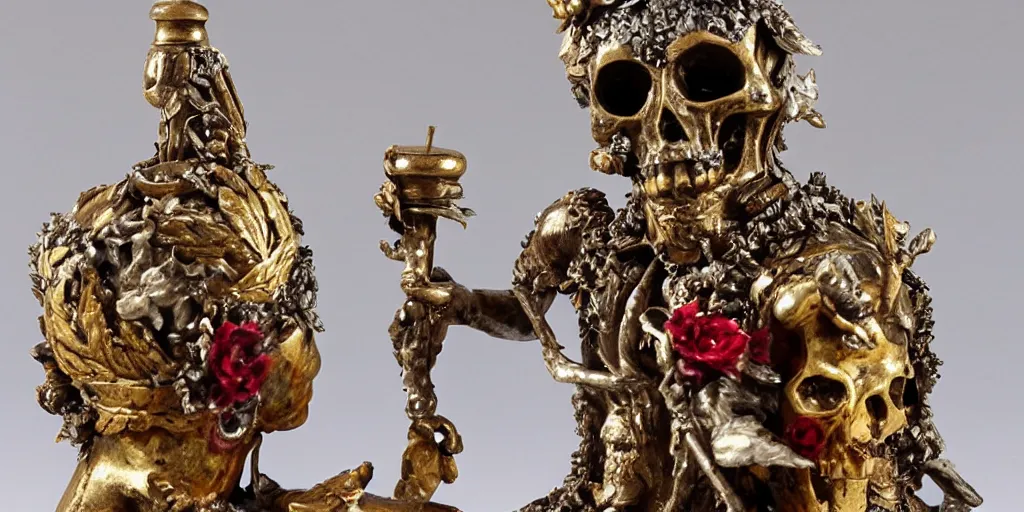 Image similar to intricate statue with gold and silver leafs, skulls, candles and red crystals, by Andres Rios, H 576