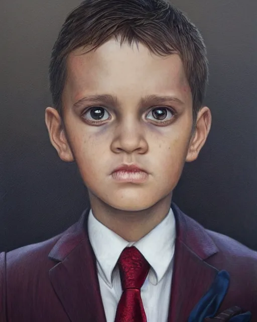 Image similar to portrait of a 7 year old child, gritty, serious, wearing a suit, very detailed eyes, hyperrealistic, beautiful, very detailed painting by Glenn Fabry, by Joao Ruas, by Artgerm