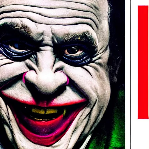 Image similar to Danny Devito as The Joker, still image from Batman movie, shot of face