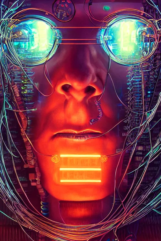 Image similar to stunning highly detailed portrait of a neuromancer hacker with cyber headgear surrounded by wires, neon colors, oil on canvas, strong lighting, by Greg Staples, by Glenn Fabry, by Josan Gonzalez, HD, 4K