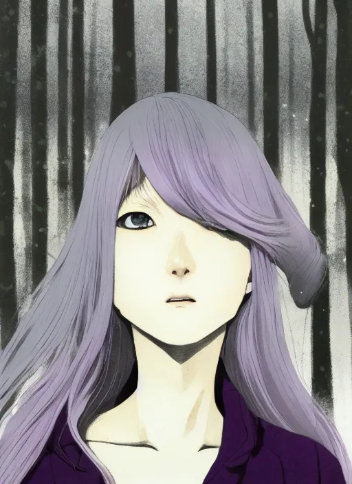 Image similar to illustration by shigenori soejima, by tatsuki fujimoto, by yoji shinakawa, girl, middle - parted long straight light purple hair, grey turtleneck coat, forest background, focus on face, pretty, moody lighting, painterly