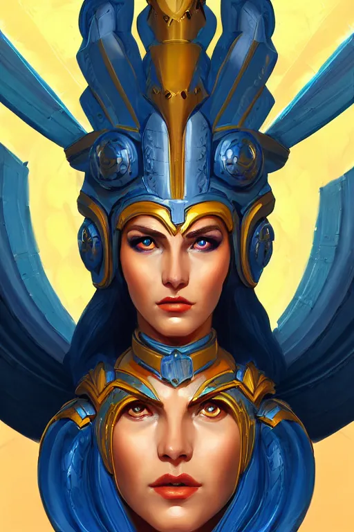 Image similar to The Godess Hera looking angry, detailed armor, portrait radiating a glowing aura, highly detailed, digital painting, artstation, concept art, smooth, sharp focus, beautiful face, symmetric face, enchanted, official fanart, behance, HD, blue and yellow theme, by Lois van baarle and Ross Tran