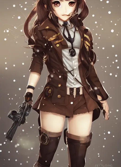 Image similar to girl with steampunk weapons and uniform, serious, intense, finely detailed, made by artgerm, full body portrait, illustration, snow, snowing, cloudy, anime, side view, perfect anime face, realistic face, zoomed out, smooth, brown eyes, high waisted shorts, sharp focus