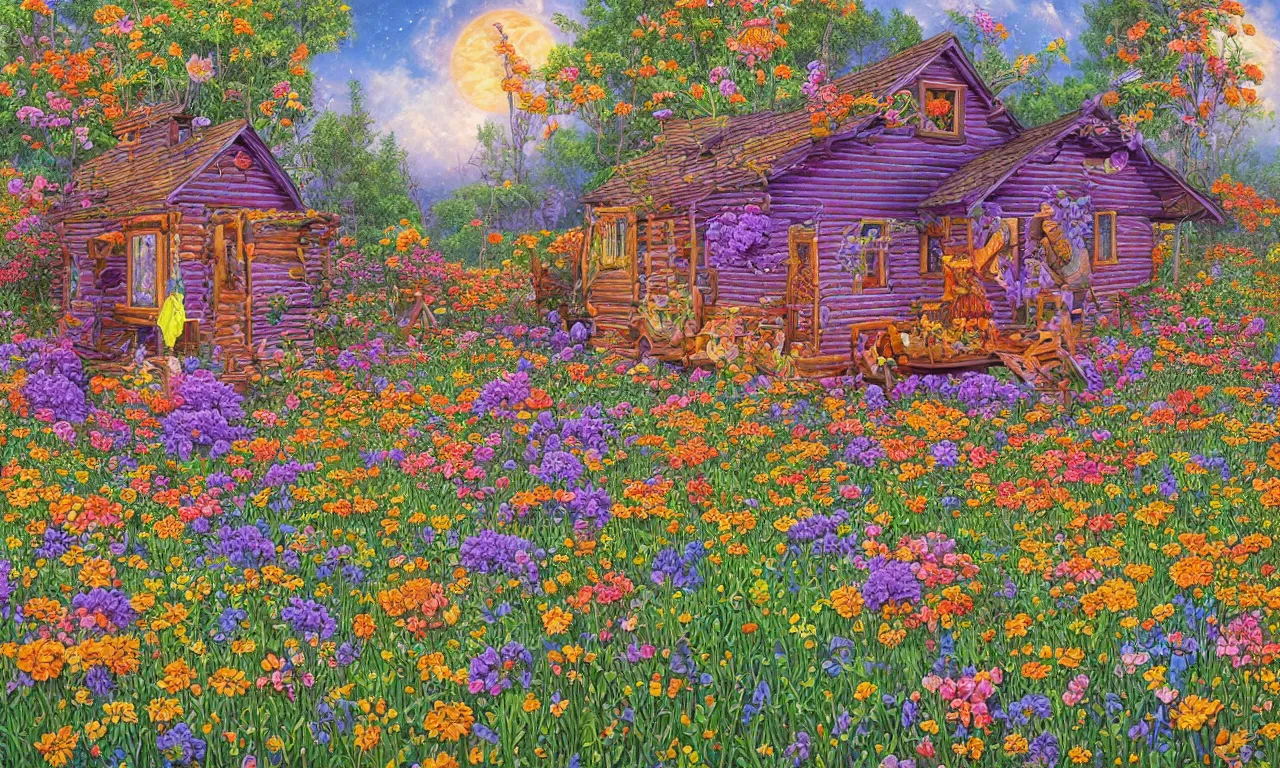 Image similar to a cabin in a mystical field of flowers illustration painting, oil on canvas, intricate, hd, digital art, overdetailed art, complementing colors, detailed, illustration painting by alex gray, digital art, moebius