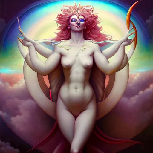 Image similar to psychedelic angelic celestial being artwork of peter mohrbacher, by henry fuseli, ayahuasca, energy body, sacred geometry, esoteric art, rainbow colors, realist, abstract and surreal art styles with anime and cartoon influences divinity