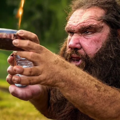 Image similar to photo of ancient caveman shotgunning a single beer can, full body, high detail, ultra realistic, 4k UHD, pristine