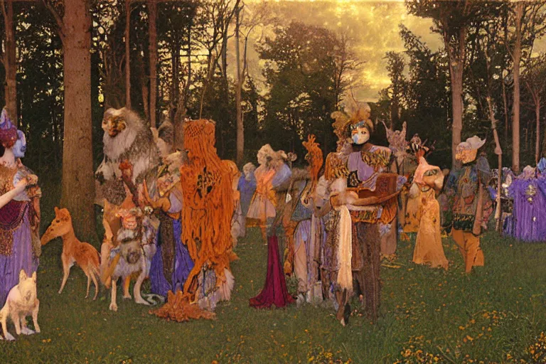 Image similar to autochrome of a midsummernight's dream renaissance forest festival at sunset with masks of wolves and sheep in the style of, jugendstil, alma tadema, vaughn bode and maxfield parrish, maurice sendak and arzach by moebius