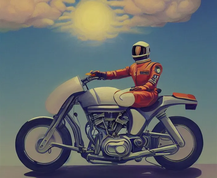 Image similar to a very detailed painting of a astronaut wearing a suit, riding a motorbike down a street, harley davidson motorbike, worm's - eye view, very fine brush strokes, very aesthetic, very futuristic, in the style of edward hopper and grant wood and syd mead, 4 k,