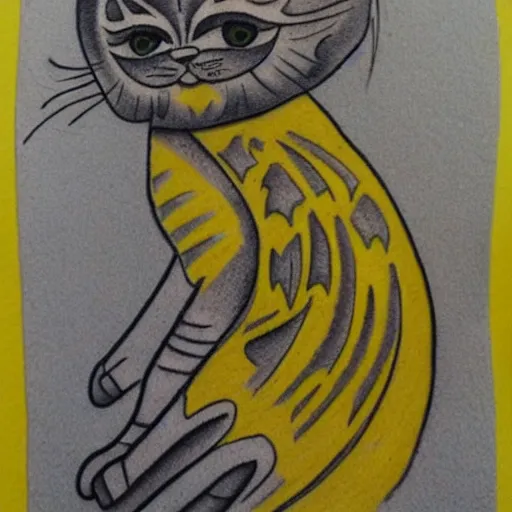 Prompt: tattoo sketch on yellow paperp, polynesian style, cat hugging the sun, maori