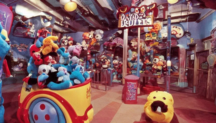 Image similar to 1990s photo of inside the Haunted Beanie Babies ride at Universal Studios in Orlando, Florida, riding a Beanie Baby through a haunted world , cinematic, UHD