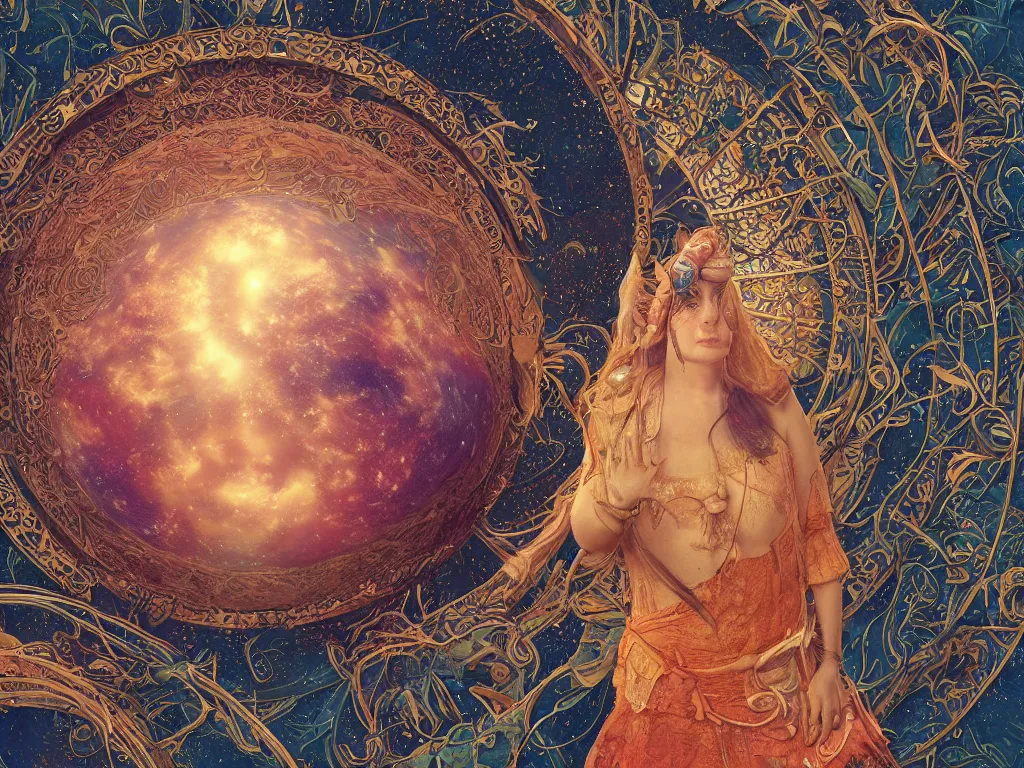 Image similar to the universe is a spheroid region 7 0 5 meters in diameter, 3 d render of a shaman, sunlight study, by clara peeters and ( ( ( ( lisa frank ) ) ) ), art nouveau, 8 k, extreme detail, sharp focus, octane render