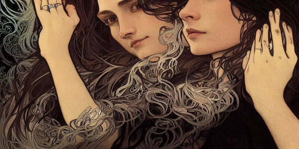 Image similar to many hands by alphonse mucha, gnarled fingers, intense drow black skin, intense black eyes, intense white hair, intense lighting, light beams, lens flare, intricate, elegant, highly detailed, digital painting, artstation, concept art, smooth, sharp focus, illustration, art by artgerm and greg rutkowski and alphonse mucha