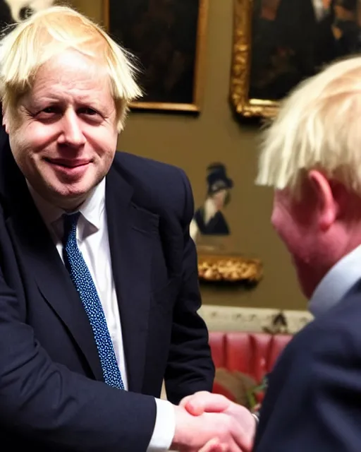 Image similar to an oil painting of uk politician former prime minister boris johnson having a meeting with satan, smiling and shaking hands, 4 k detail