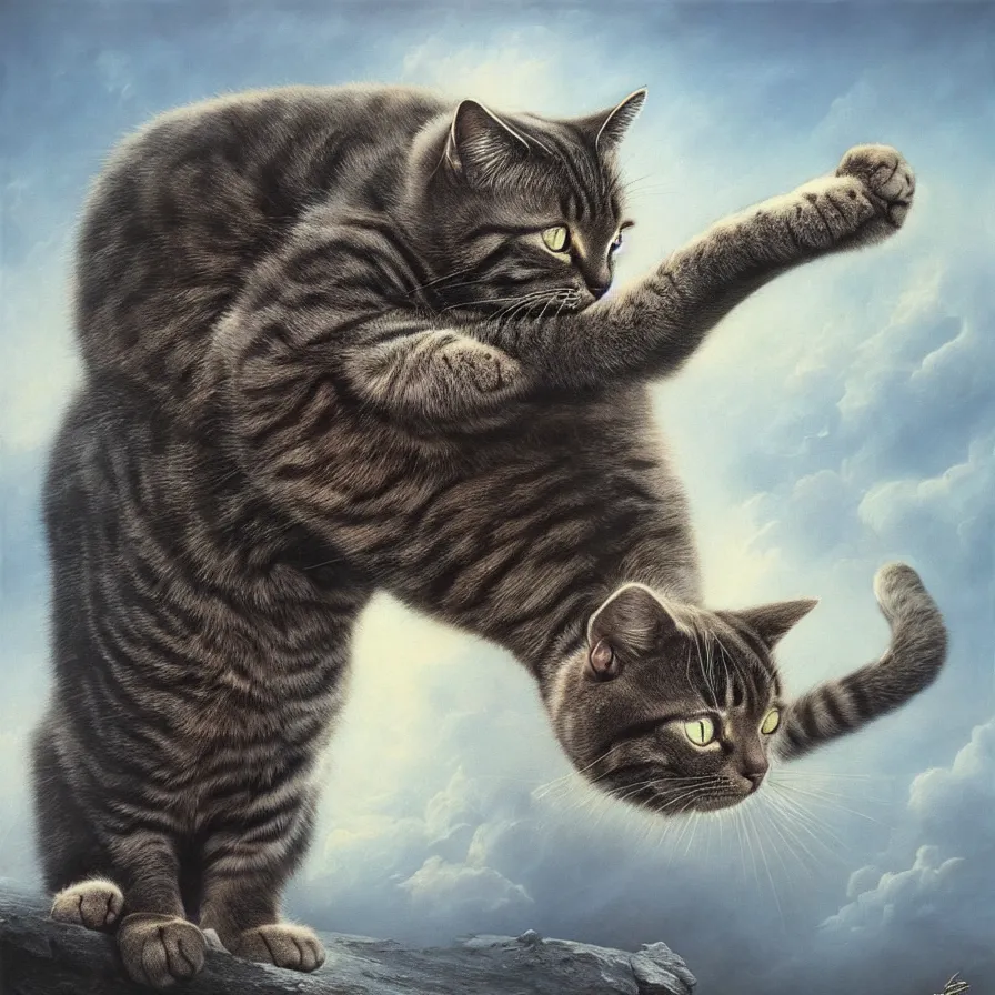 Prompt: cat - superman, hyperrealism, no blur, 4 k resolution, ultra detailed, style of ivan shishkin, thomas kinkad, zdzisław beksinski