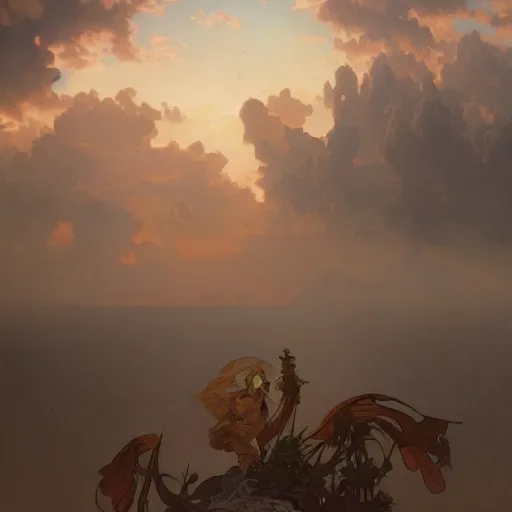 Image similar to Concept art, Clouds at dusk, 8k, alphonse mucha, james gurney, greg rutkowski, john howe, artstation