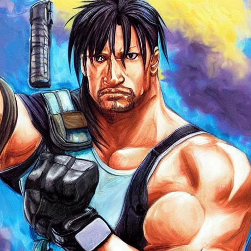 Image similar to anime portrait of dwayne johnson as barret with machine gun arm from final fantasy 7