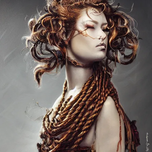 Image similar to portrait of a Shibari rope wrapped face and neck, headshot, insanely nice professional hair style, dramatic hair color, digital painting, of a old 13th century, traveler, amber jewels, baroque, ornate clothing, scifi, realistic, hyper detailed, chiaroscuro, concept art, art by Franz Hals and Jon Foster and Ayami Kojima and Amano and Karol Bak,