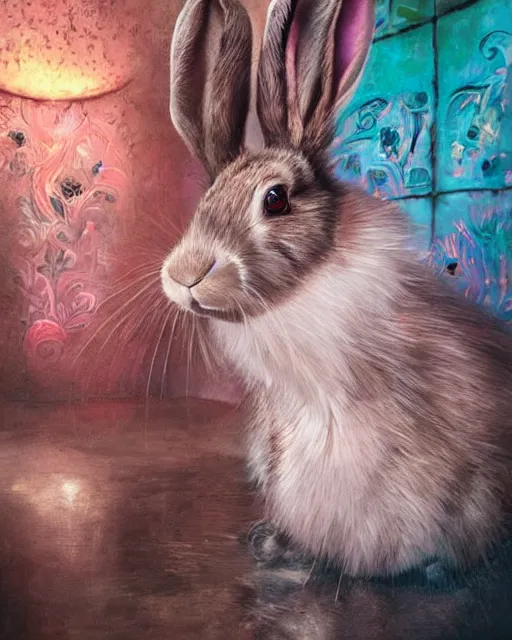 Image similar to hyper realistic portrait of a rabbit in a strip club after eating 3 mg of lsd dof hdr art by aleksi briclot and alexander'hollllow'fedosav and laura zalenga