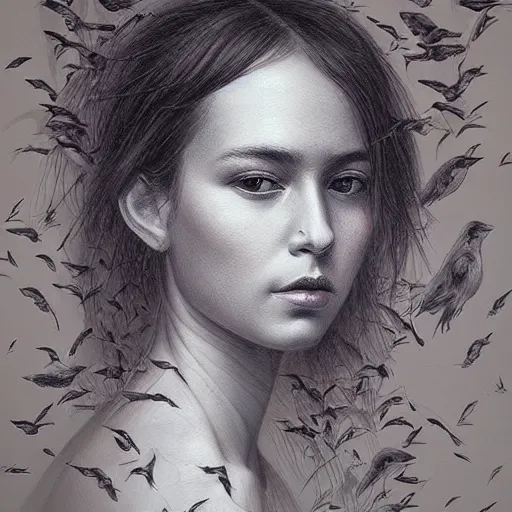 Prompt: an intricate detailed women portrait with birds by marco mazzoni