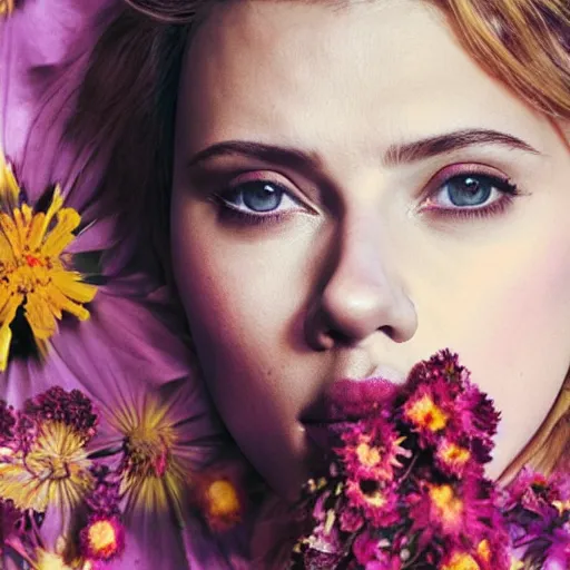 Image similar to Scarlett Johansson portrait with face made of wild flowers