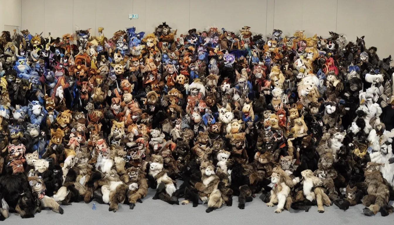 Prompt: Furry convention group photo, Mars Fur Con 2289.