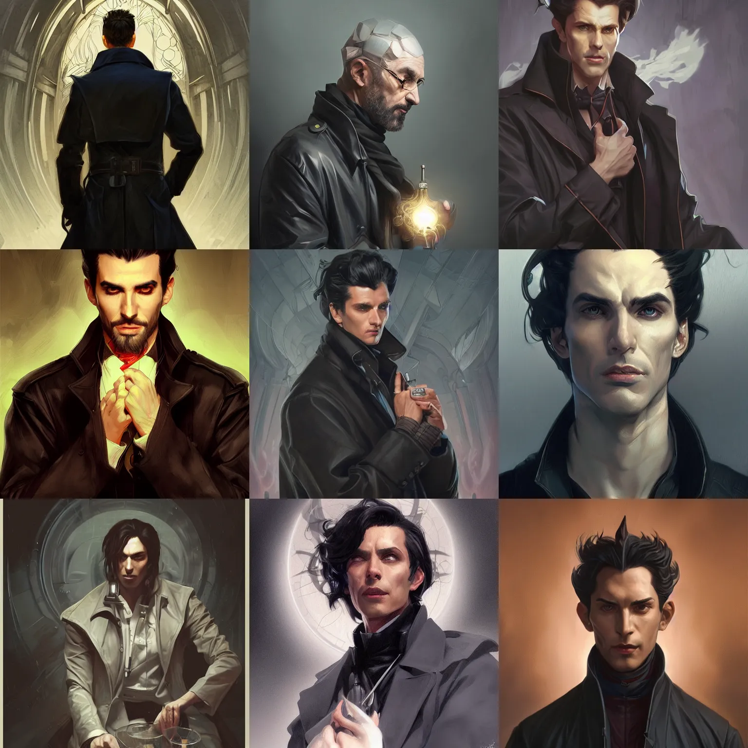 Prompt: Portrait of Evil male alchemist with medium black slicked hair, trenchcoat with many pockets, portrait, highly detailed, digital painting, artstation, concept art, sharp focus, illustration, art by artgerm and greg rutkowski and alphonse mucha