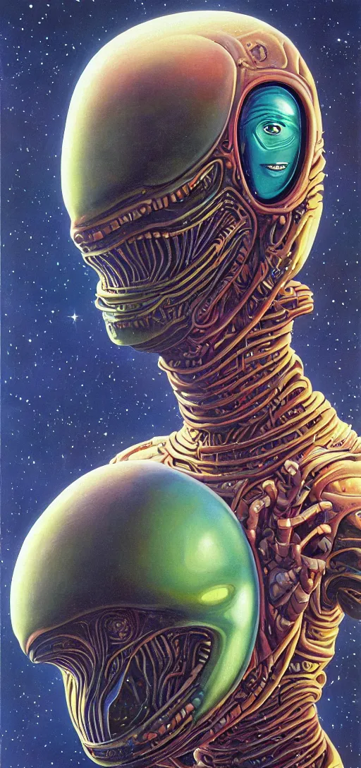 Image similar to a ultradetailed beautiful portrait of a alien of jupyter, oil painting, by ron walotsky, chris foss and moebius, alien art